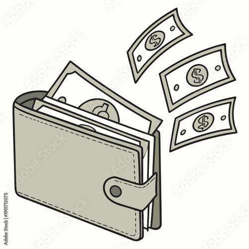 Open tan wallet with money bills falling out dollars