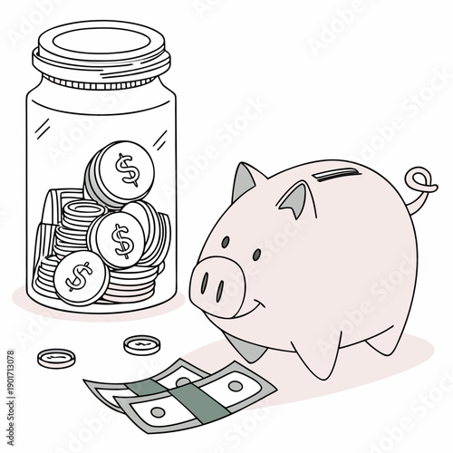 Piggy bank and jar of coins with bills dollar coins
