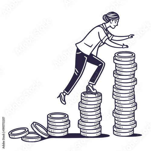 Woman stepping on coins balancing act stack balance
