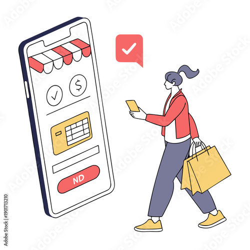 Woman walking with shopping bags and using smartphone for mobile payment