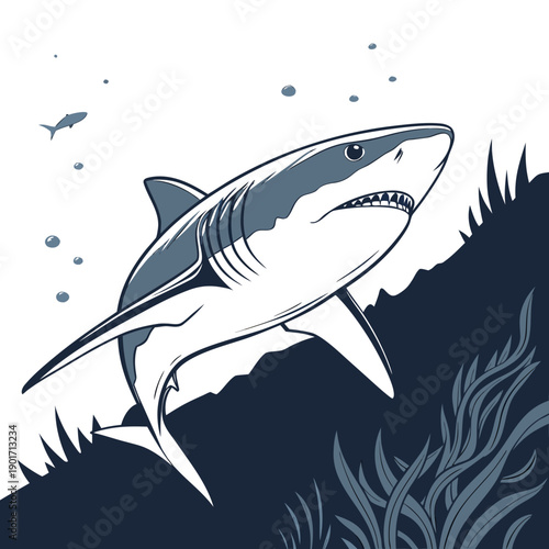 Shark swimming through dark underwater landscape with seaweed