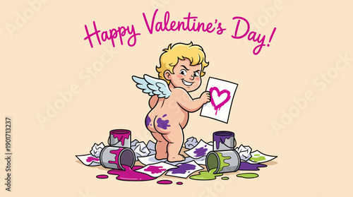 Happy Valentine's Day! Mischievous Cartoon Cupid Illustration Covered in Paint Splatter Making a Messy Heart Card.