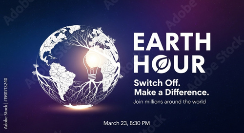 Earth hour campaign poster with globe and light bulb illustration