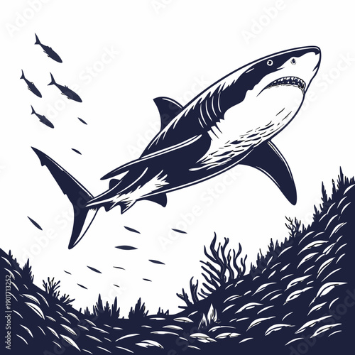 Shark swimming through dark underwater scene with seaweed and school of fish