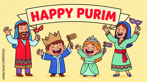 Happy Purim Family Celebration Cartoon. Jewish Holiday Festival with Characters in Costume, Masks, and Groggers Vector Illustration.
