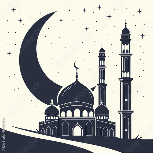 Crescent moon above mosque with minarets at night sky