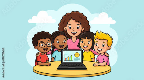 Online Education Success: Happy Teacher and Diverse Students Learning with Laptop Showing Positive Growth
