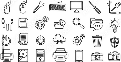 Black and White Line Art Technology Icons Set. Collection of Computing, Digital Devices, Software, and IT Concepts Outline Symbols for Web and App Design.