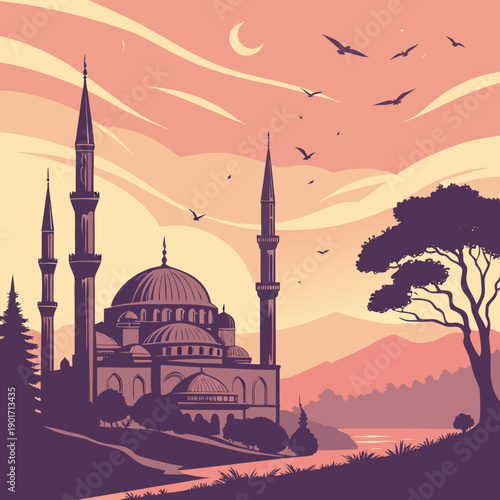 Purple mosque with minarets and dome at dreamy sunset