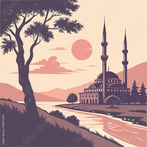 Serene mosque landscape with river and setting sun