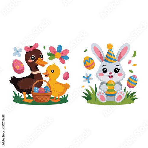 Easter bunny and chick with painted eggs and spring flowers, egg hunt poster graphic, kids craft session, photo booth invitation