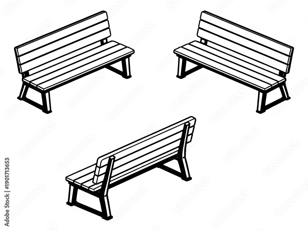 Obraz premium Line art park bench set featuring various isometric views for urban planning and outdoor design