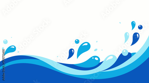 Dynamic Blue Water Wave and Splash Vector Background. Refreshing Liquid Illustration Template with Clean White Copy Space.