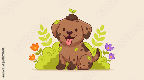 Cute Cartoon Puppy Dog with Sprout and Dirt on Head. Happy Spring Gardening Mascot Illustration.