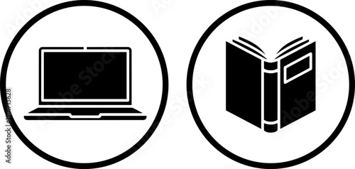 Modern icons of laptop and book in circles