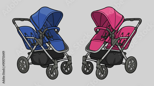 Double Stroller Illustration Set: Blue and Pink Tandem Pram for Twins or Siblings. Detailed cartoon vector art of baby carriage gear.