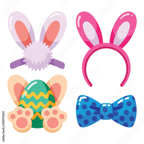 Bunny ears headbands with fluffy tails and feet, egg hunt photo props, classroom party kit, games session prize table graphics