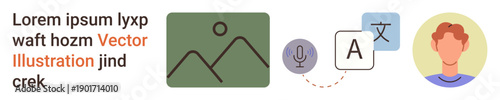 Communication, language learning, accessibility, translation services, text recognition, education. Visual elements include a text-to-speech microphone icon and a language translation symbol