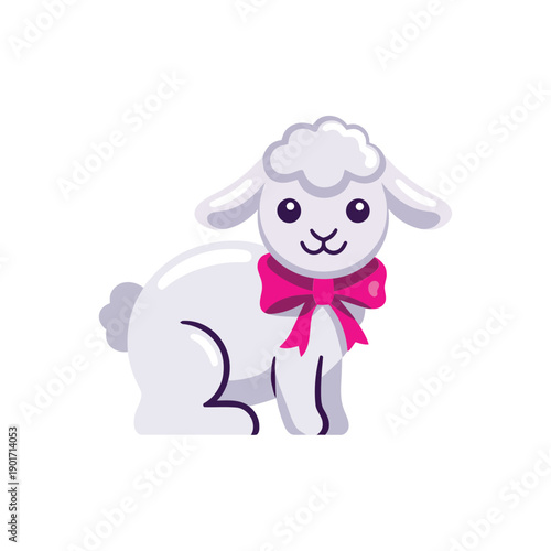 Cute Easter lamb mascot with pink bow, church fair illustration for nursery wall art, baby shower invitations, kids craft session