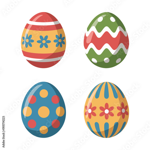 Colorful decorated Easter eggs vector set with patterns, stripes, dots and flowers, spring holiday clipart for invitations, posters, printables