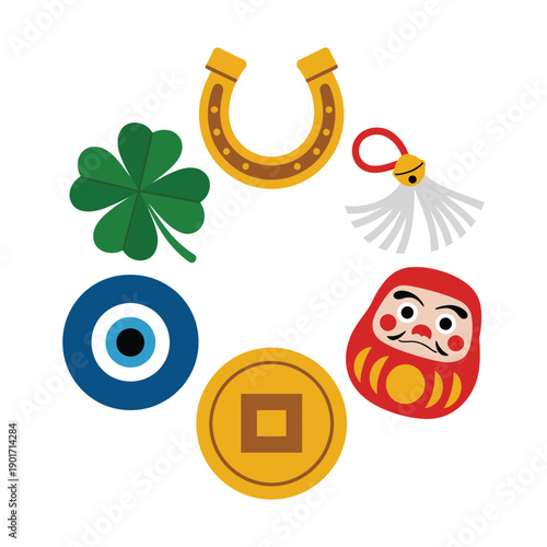 Lucky charm icon set with four leaf clover, horseshoe, coin, daruma, talisman, nazar eye, good fortune celebration design elements