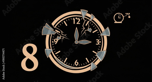 Broken Clock Face with Number Eight Symbol.