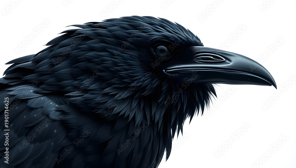Fototapeta premium A closeup of a wild black crow and raven with dark feathers and sharp beaks isolated on a white background captures the avian nature of this corvus wildlife animal