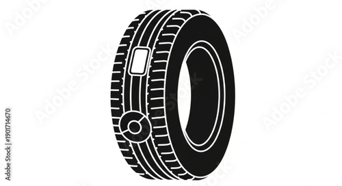 Black car tire with tread pattern and valve stem symbol.