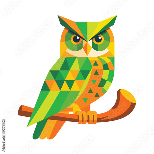 Geometric owl sitting on branch, autumn festival vector illustration for fall event poster, classroom decor, wildlife education, nature branding