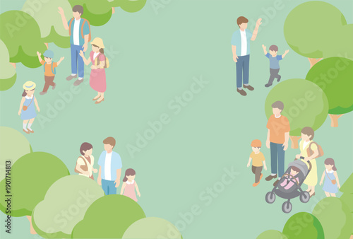 Spring and Summer Park Landscape. Isometric Scenery of People Relaxing in the City