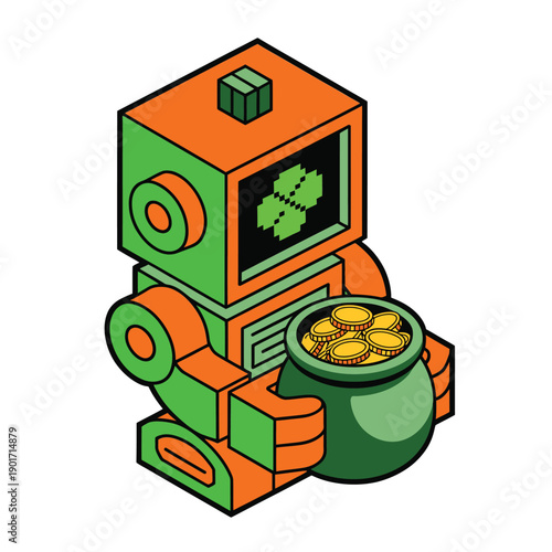 Orange and green robot with shamrock badge, St Patricks Day vector art for kids party invitation, poster, sticker, classroom decoration