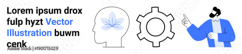 Brain symbolism with a leaf in human head outline, gear representing innovation, and a man pointing. Ideal for mental growth, sustainability, creativity, teamwork, technology, training simple