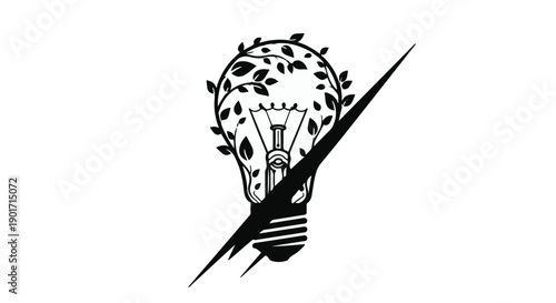 Eco-friendly Light Bulb Illustration with Growing Leaves Symbolizing Green Energy and Innovation
