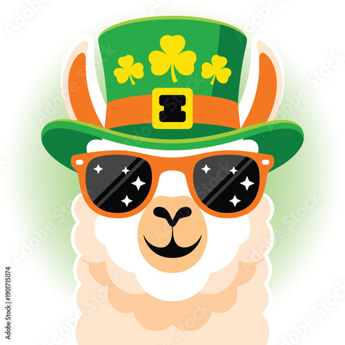 Llama wearing green leprechaun hat and sunglasses, Saint Patrick day alpaca mascot, lucky clover theme, parade poster, cute sticker design