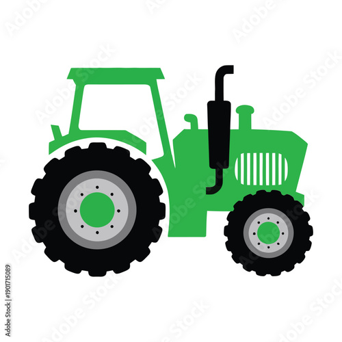 Green farm tractor silhouette illustration, Saint Patrick day parade vehicle, country fair poster, agriculture theme graphic, rural festival design