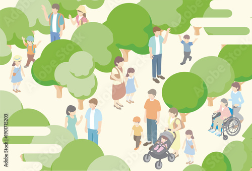 Spring and Summer Park Landscape. Isometric Scenery of People Relaxing in the City