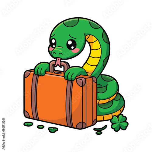 St Patricks Day friendly snake with suitcase, holiday travel promotion, festival weekend itinerary, parade meetup point, luggage tag craft session