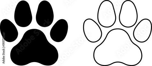 Black and outline dog paw prints on white background