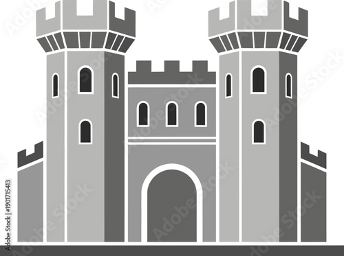 A grayscale illustration of a medieval castle with two towers