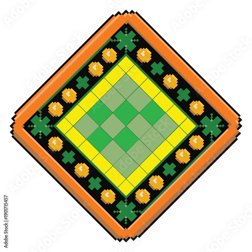 Diamond shaped Irish frame with shamrocks and quilt pattern, St Patricks Day banner template, craft class session, festive vector graphic