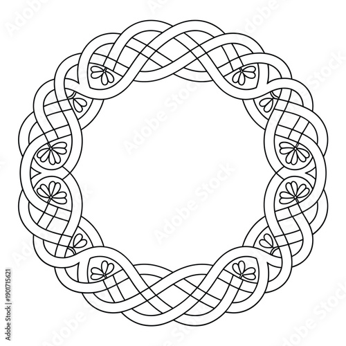 Ornate Celtic knot circle border in white, elegant round frame for wedding invitation, Saint Patrick day greeting, premium Irish design