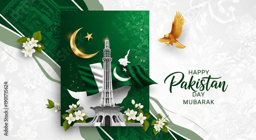 Pakistan day mubarak celebration with minar e pakistan monument green flag and white flowers on white background