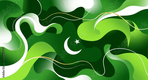 Pakistan flag design with green wavy patterns and white crescent moon symbol