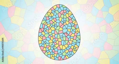 Vibrant mosaic easter egg with colorful geometric patterns on pastel background for spring decor