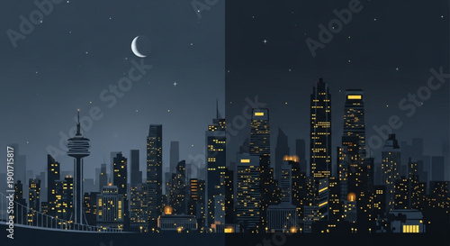 City skyline at night with illuminated skyscrapers and crescent moon in dark sky with stars urban landscape