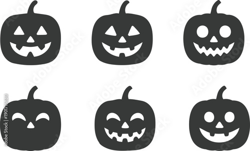 Six unique black and white jack o' lanterns for halloween
