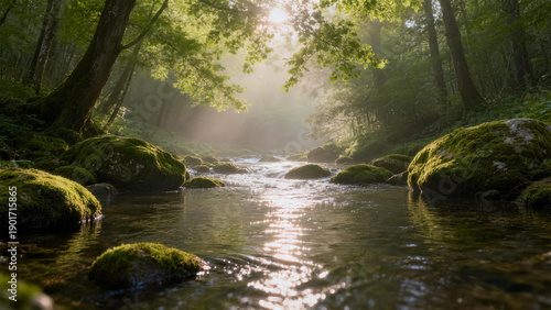Sunlight penetrating through forest illuminating mossy stream