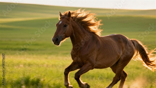 Single horse running on grassland prairie under sunlight