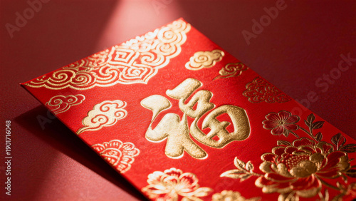 Red envelope with fortune character and golden decorations
