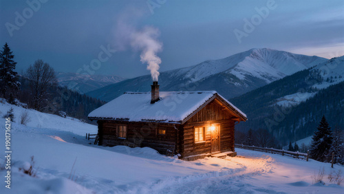 Snow covered wooden cabin with warm lights at dusk sky